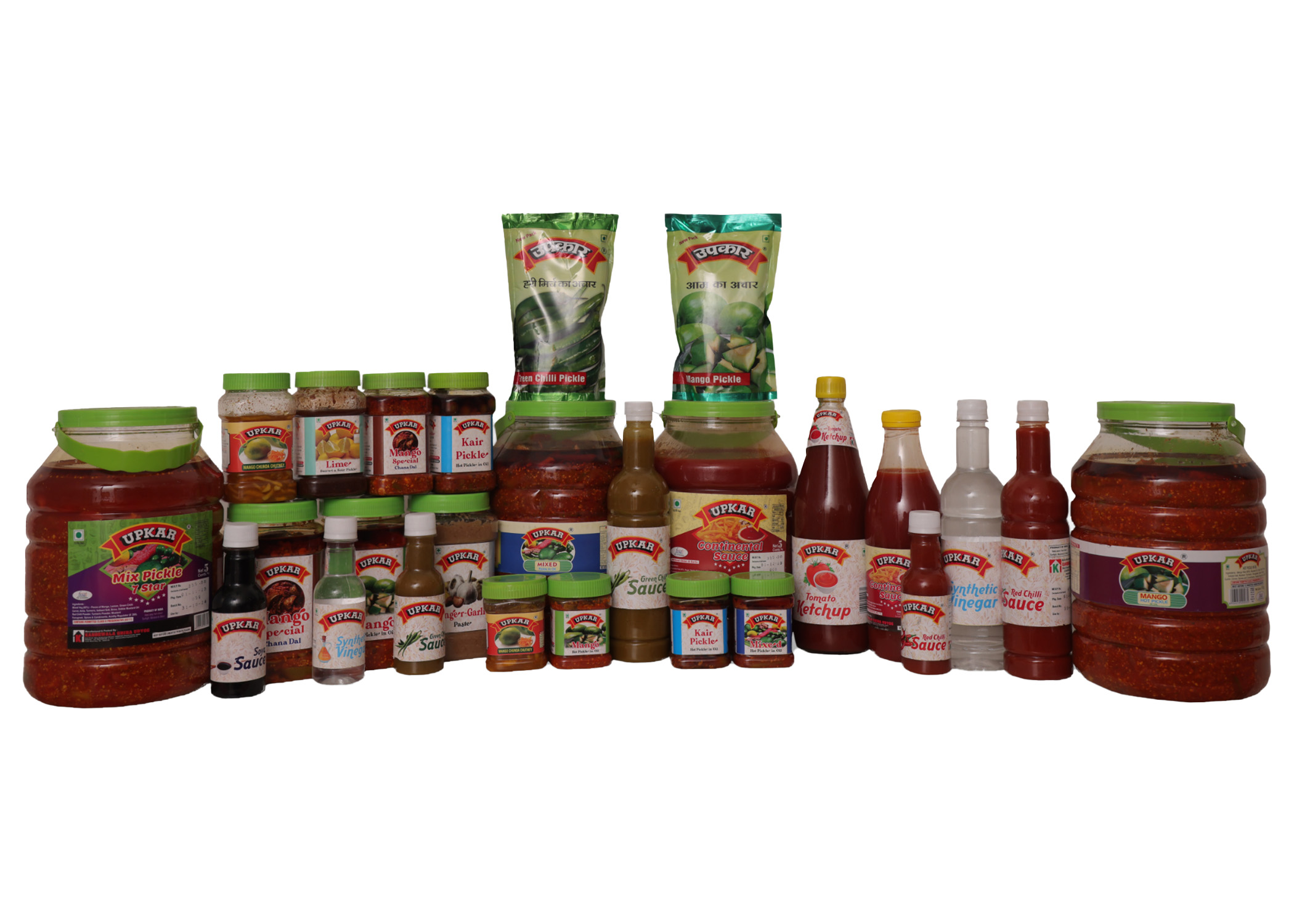 Assorted jars of pickles and sauces